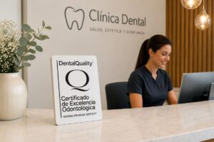 Recepción de clínica dental con Certificado DentalQuality® visible