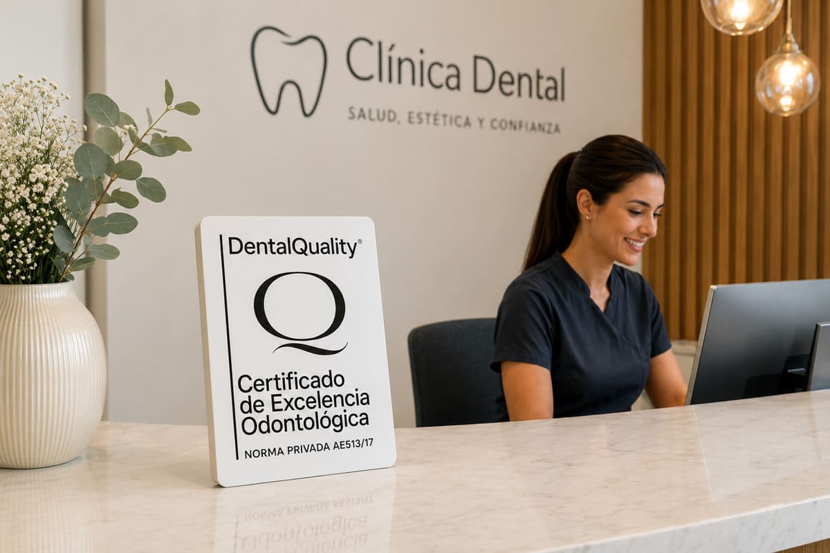 Recepción de clínica dental con Certificado DentalQuality® visible